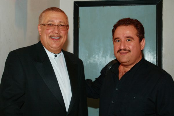 Left: Multi Grammy Award winner, master Latin Jazz Saxophonist/Clarinetist: Paquito D’Rivera, Demetrios Kastaris on right, New Jersey City University, April 28, 2003, photo credit: Jerry Lacay