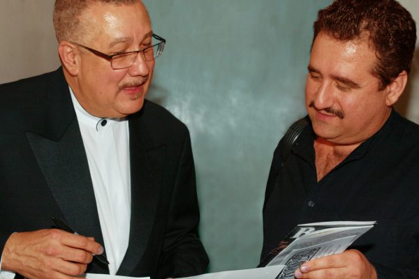 Left: Multi Grammy Award winner, master Latin Jazz Saxophonist/Clarinetist: Paquito D’Rivera on left, Demetrios Kastaris on right, New Jersey City University, April 28, 2003, photo credit: Jerry Lacay