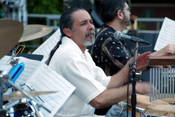 Angel Rodriguez- congas, Victor Rendón- timbales "Homenaje a Mongo Santamaria" (Homage to Mongo Santamaria) Concert, June 16, 2003, Seuffert Bandshell, Woodhaven Queens, New York, photo credit Jerry Lacay.