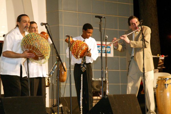 left to right: Angel Rodriguez, Hiram Remón, Frank Almonte, Dave Valentin. Homenaje a Mongo Santamaria Concert, June 16, 2003, Seuffert Bandshell, Woodhaven Queens, New York (photo credit Jerry Lacay)