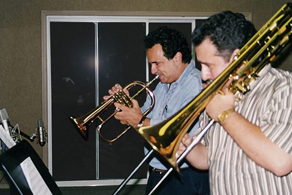 Claudio Roditi, Demetrios Kastaris recording at Skylight Studio, Bellville, New Jersey, July 1999 (photo credit Hilda Kastaris)