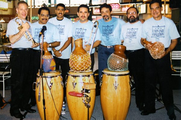 left to right: Steve Gluzband, Paquito Pastor, Irio O'Farrill, Demetrios Kastaris, Angel Rodriguez, Victor Rendón, Hiram Remón Jamaica Market, Queens, New York, July 22, 1997 (photo credit Hilda Kastaris)