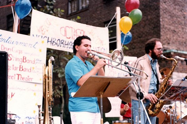 One of early presentations in the history of the Latin-Jazz Coalition, September 1987 in Sunnyside Queens, New York, Demetrios Kastaris on tenor and bass trombone, Frank Basile on tenor sax (photo credit Donald Wittekind)