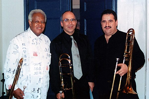 left to right: Jazz virtuoso Slide Hampton, Joe Alessi - principal trombonist of the NY Philharmonic, Demetrios Kastaris, Trombone Day at the Mannes College of Music in New York City, 2003