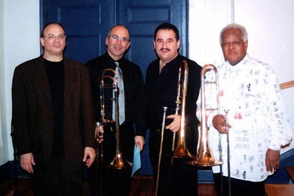 left to right: bass trombonist Dave Taylor, Joe Alessi - principal trombonist of the NY Philharmonic, Demetrios Kastaris, Jazz virtuoso Slide Hampton, Trombone Day at the Mannes College of Music in New York City, 2003