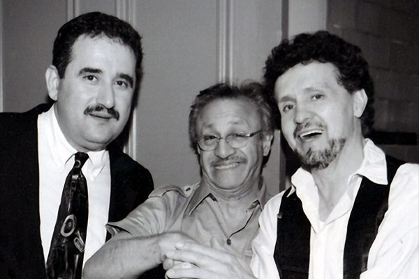 left to right: Demetrios Kastaris, Edy Martinez, Memo Acevedo, Backstage at the Flushing Council on Culture and the Arts, Flushing Queens, New York July 29, 2001 (photo credit Jerry Lacay)