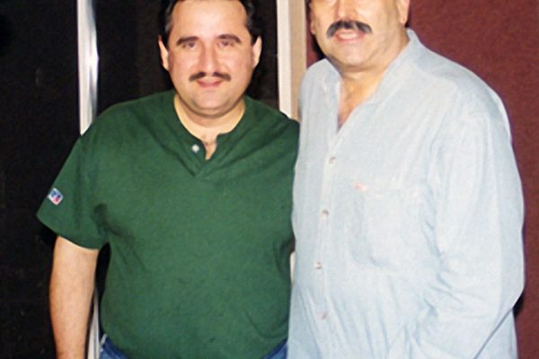 Johnny "Dandy" Rodriguez (percussionist and musical director of the Tito Punete orchestra) records with Demetrios Kastaris at Skylight Studios in Belleville, New Jersey September 1999