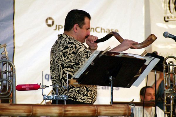 Demetrios Kastaris plays the shofar , June 16, 2003, Seuffert Bandshell, Woodhaven Queens, New York (photo credit Jerry Lacay)