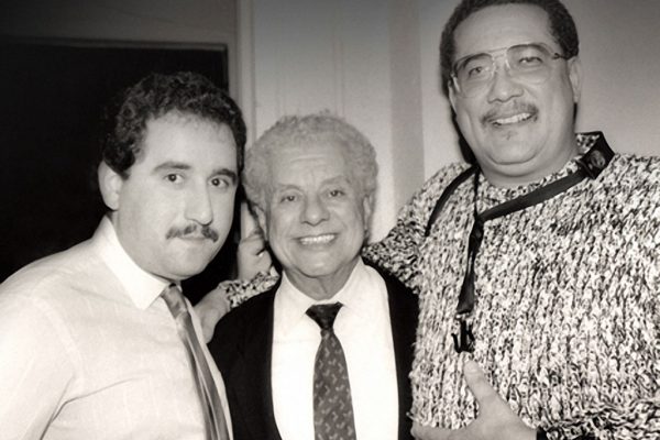 Backstage at the Village Gate in NYC, Demetrios Kastaris, Tito Puente, Paquito D' Rivera, February 27, 1990 (photo credit Hilda Kastaris)