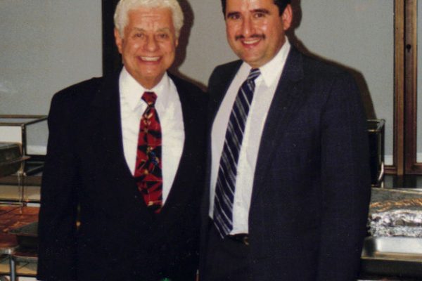 On left: Master Timbalero, Latin music Icon, Multi Grammy Award Winner, Tito Puente, right: Demetrios Kastaris, Architects and Designer’s Building, September 30, 1997, photo credit Ito Rodriguez