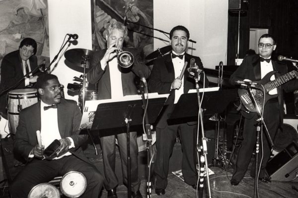 left corner: guest soloist Latin music Icon and Grammy Award winner Ray Barretto, front row left to right: Victor Lewis, Steve Gluzband, Demetrios Kastaris, Mario Rodriguez, Grand Opening of Flushing Town Hall Jazz Cafe, May 20, 1993, Flushing Council on Culture and the Arts, Flushing Queens, New York