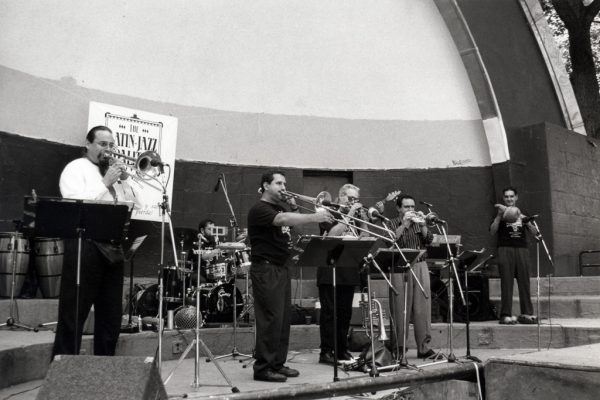 Steve Turre, Victor Rendón, Demetrios Kastaris, Steve Gluzband, Claudio Roditi, Hiram Remón, June 26, 1993, Seuffert Bandshell, Woodhaven Queens, New York (photo credit Kathy Izzo)