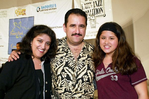 The Kastaris family left to right: wife Hilda, Demetrios, daughter Kathryn, Homenaje a Mongo Santamaría Concert, June 16, 2003, Seuffert Bandshell, Woodhaven Queens, New York, photo credit: Jerry Lacay
