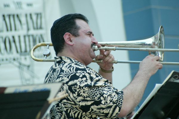 Demetrios firing it up!, June 16, 2003, Homenaje a Mongo Santamaría Concert, Seuffert Bandshell, Woodhaven Queens, New York, Photo credit: Jerry Lacay.