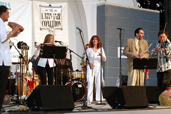 Front row left to right: Hiram Remón, Connie Grossman, Andrea Brachfeld, Dave Valentin , Alfredo de la Fé, "Homenaje a Mongo Santamaria" (Homage to Mongo Santamaria) Concert, June 16, 2003, Seuffert Bandshell, Woodhaven Queens, New York (photo credit Jerry Lacay)