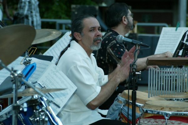 Angel Rodriguez on congas and Victor Rendón on timbales, June 16, 2003, Homenaje a Mongo Santamaría Concert, Seuffert Bandshell, Woodhaven Queens, New York, Photo credit: Jerry Lacay.