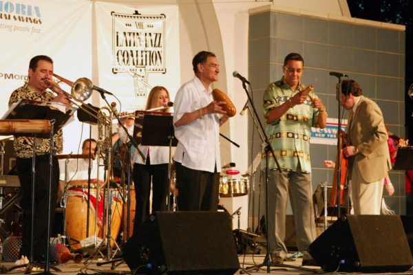 Demetrios, Connie Grossman, Hiram Remón, Herman Olivera, Dave Valentin, June 16, 2003, Homenaje a Mongo Santamaría Concert, Seuffert Bandshell, Woodhaven Queens, New York, Photo credit: Jerry Lacay.