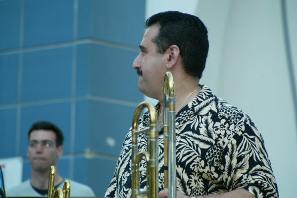 Demetrios giving the cues to the band, June 16, 2003, Homenaje a Mongo Santamaría Concert, Seuffert Bandshell, Woodhaven Queens, New York, Photo credit: Jerry Lacay.