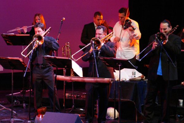 Connie Grossman, Noah Bless, Alí Bello, Demetrios Kastaris, Alfredo de la Fé, Steve Turre, Queens Theatre in the Park, Flushing New York, December 17, 2004, photo credit Jerry Lacay.