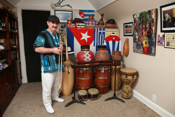 Demetrios Kastaris: “El Griego Rumbero”, in his practice studio at home in Long Island, New York. November 2019. Photo credit: Jerry Lacay.