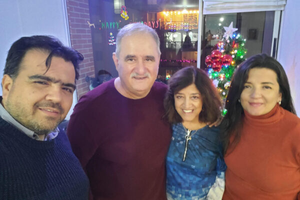 In the home of our masterful web designer Johanna Ortiz in Bogotá Colombia, December 29, 2024. Johanna worked tirelessly for one year to expand, revise and update our two websites. Left to right: Lucas Sanmartín, Demetrios, Hilda Kastaris and Johanna.